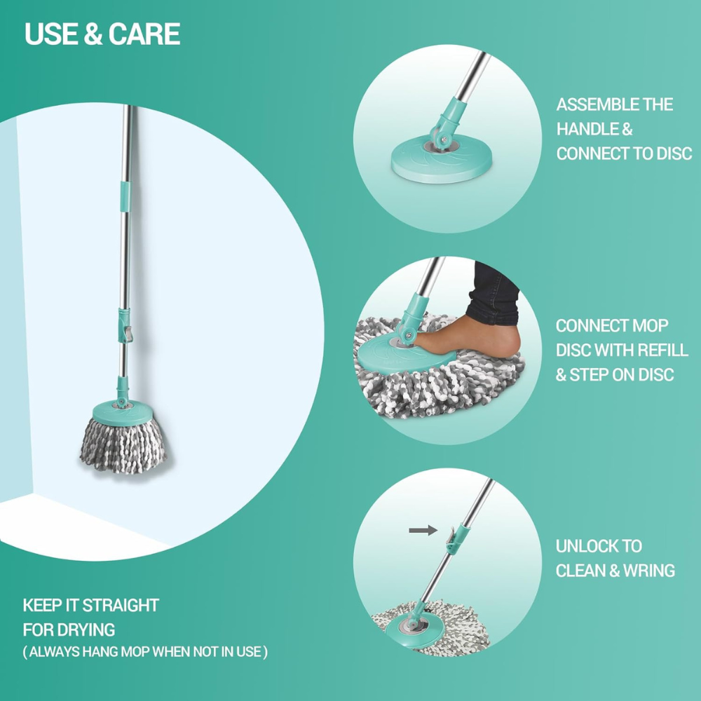 Spotzero by Milton Royale Steel Wringer Spin Mop with Big Wheels (Aqua Green, 2 Refills)